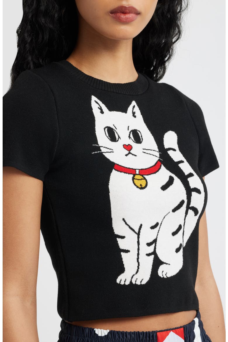 Lucky Kitty Knit Tee, Alternate, color, BLACK LUCKY KITTY