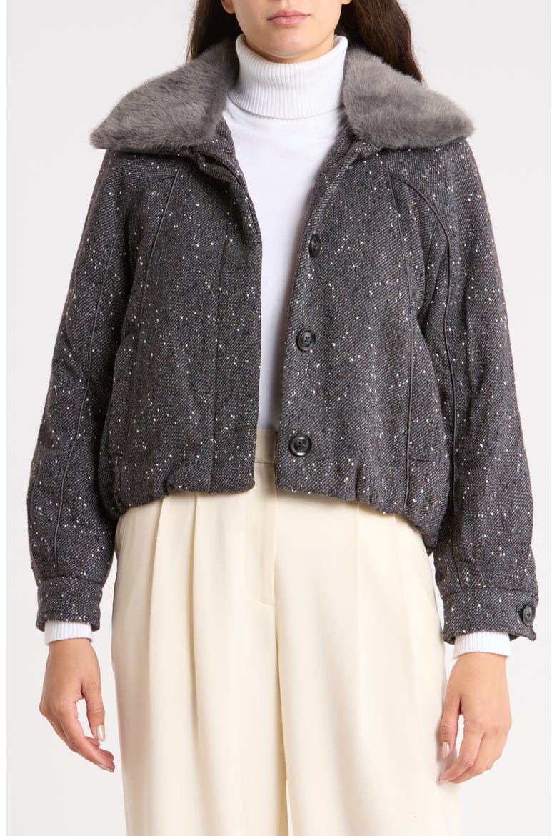 Faux Fur Collar Bomber Jacket, Main, color, BLACK WHITE MULTI