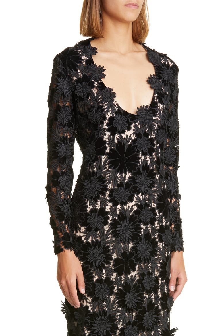 Plunge Neck Velvet Guipure Lace Gown, Alternate, color, BLACK