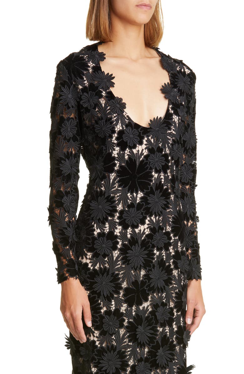 Oscar de la Renta Plunge Neck Velvet Guipure Lace Gown, Alternate, color, 