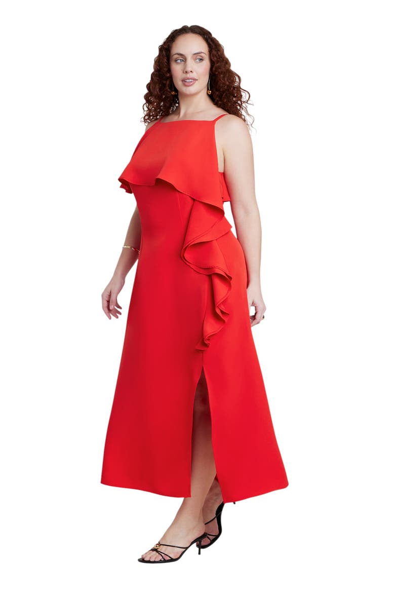 Cascading Ruffle Midi Dress, Main, color, VIVID RED