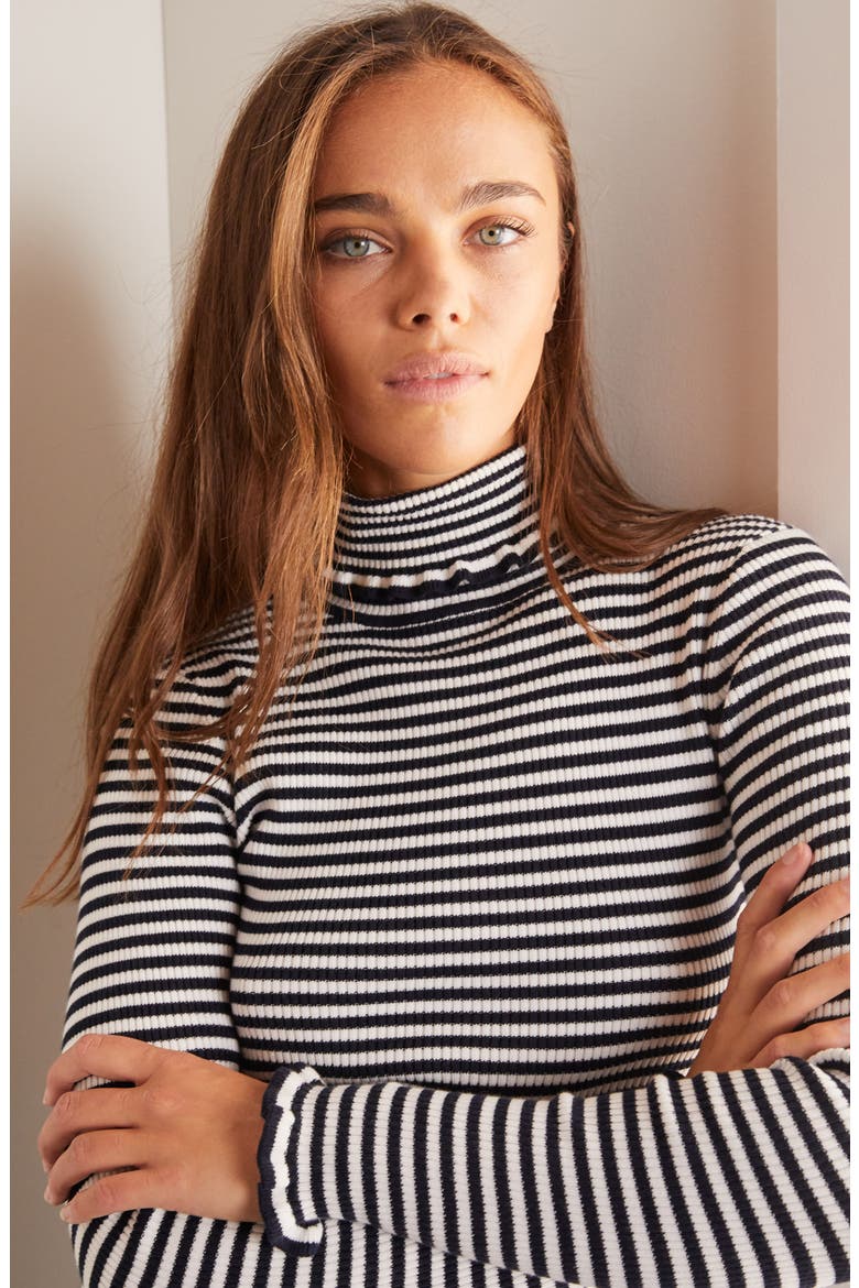 Frill Turtleneck Cotton Blend Sweater, Alternate, color, NAVY/ IVORY STRIPE