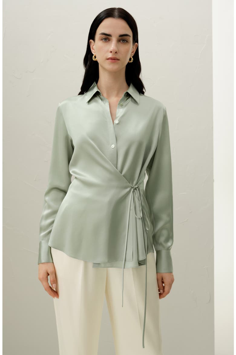 Women's Convertible Silk Charmeuse Shirt, Alternate, color, Pale Turquoise