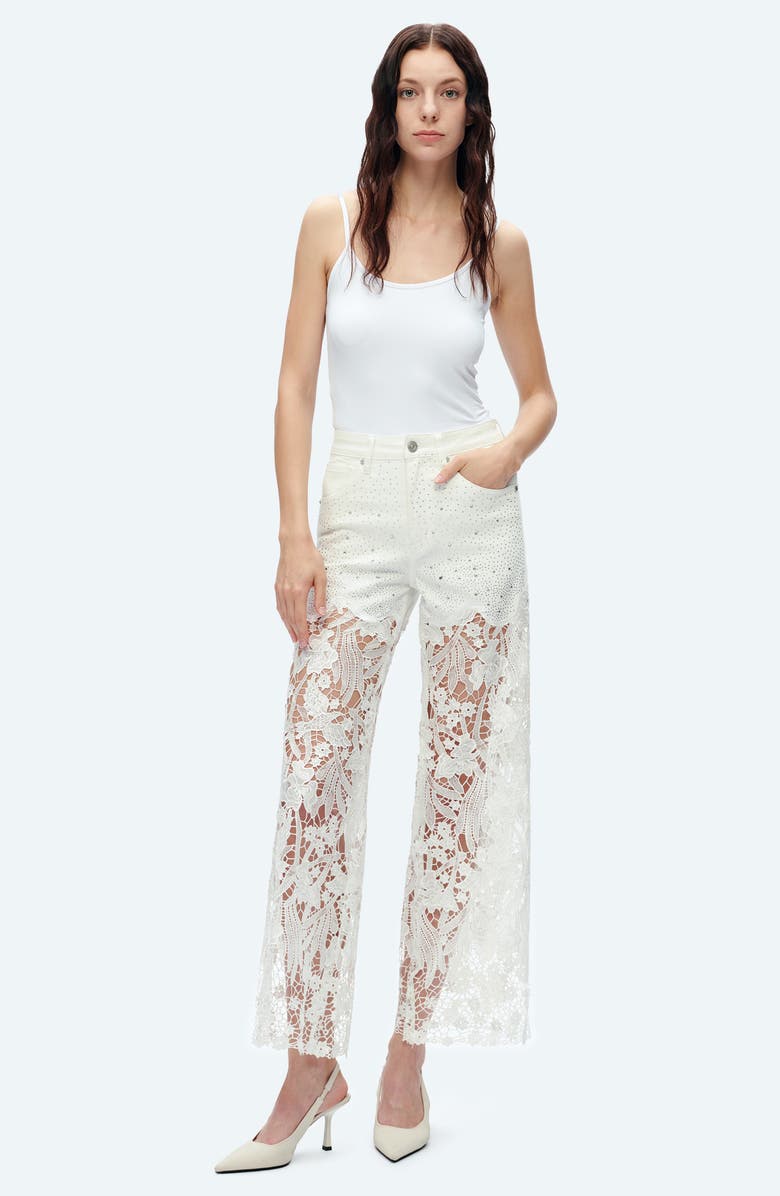 Bayeas High Waist Crystal Embellished Lace Wide Leg Jeans, Alternate, color, White