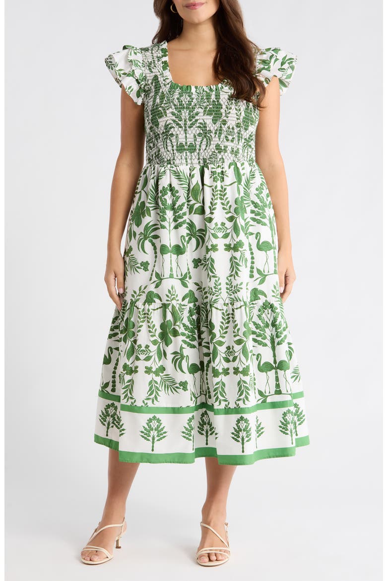 Double Ruffle Smocked Bodice Midi Sundress, Main, color, WHITE/ GREEN