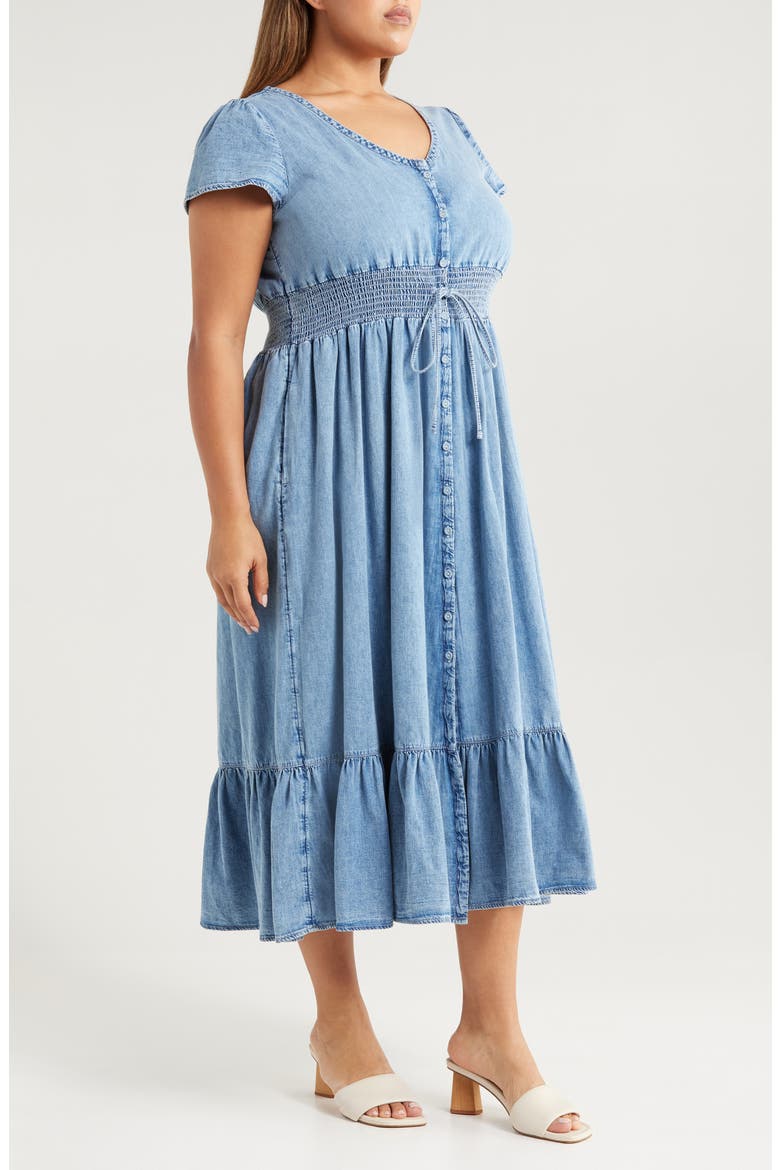 Smocked Waist Chambray Midi Dress, Alternate, color, LIGHT WASH