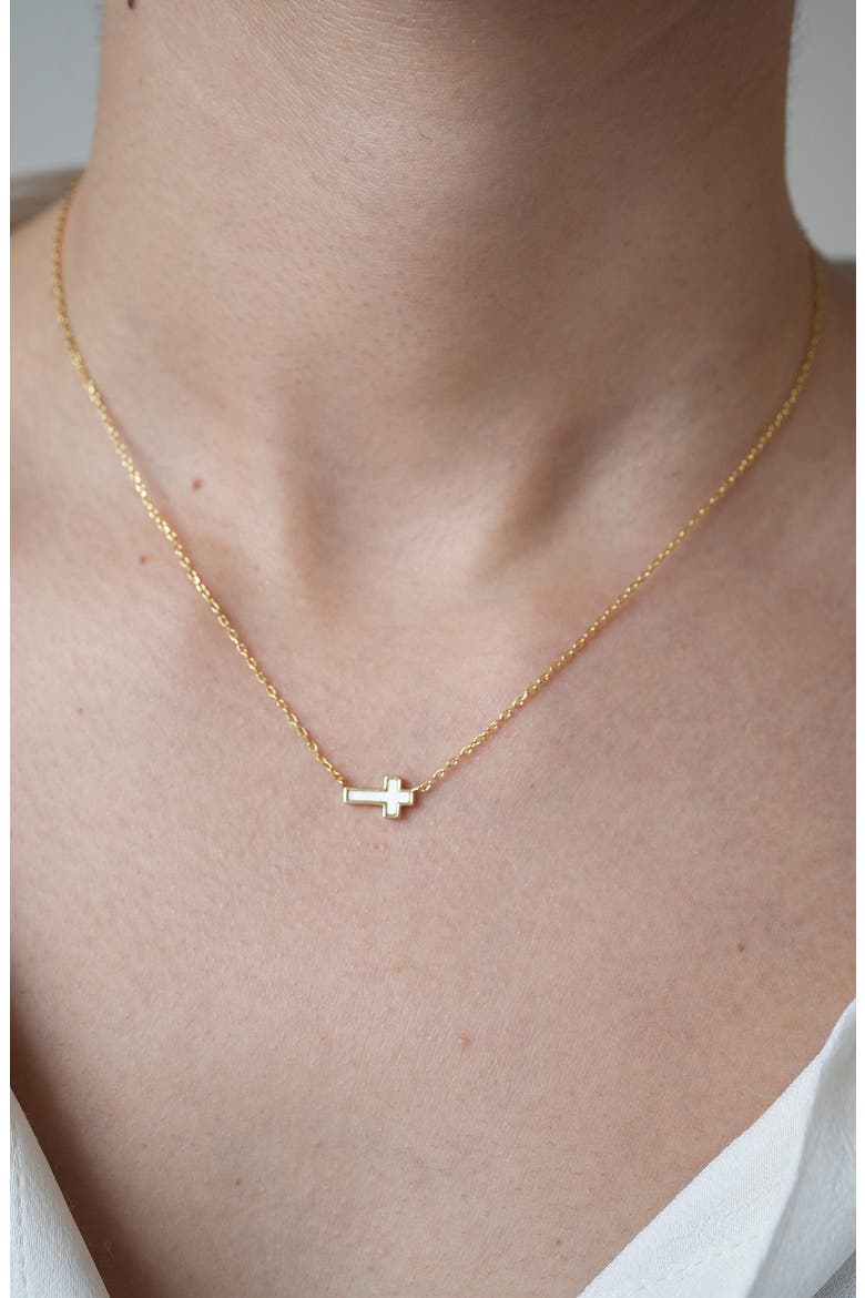 Mother-of-Pearl Sideways Cross Pendant Necklace, Alternate, color, GOLD