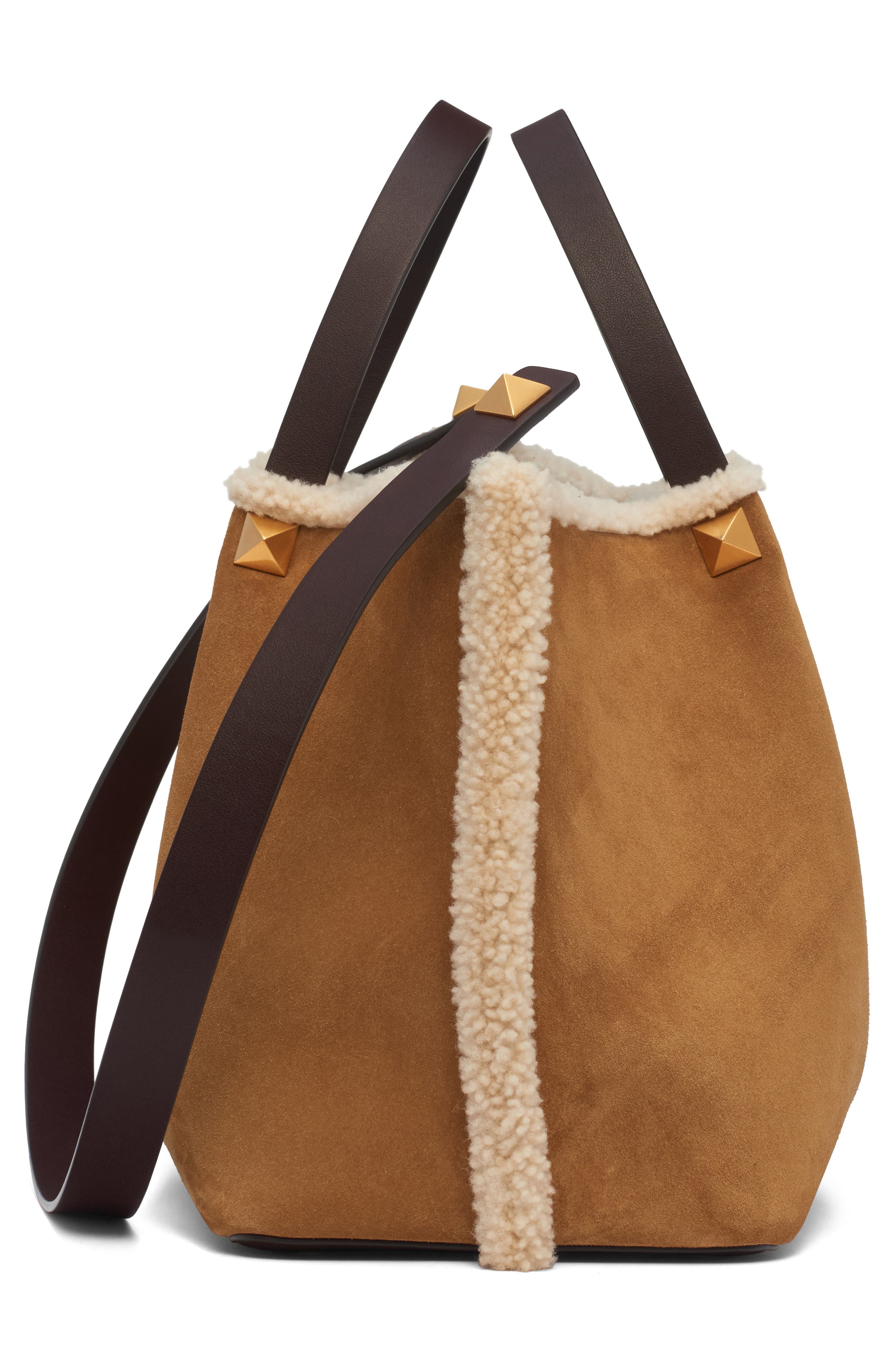 Valentino Garavani Medium VLOGO Genuine Shearling Trim Suede Tote, Alternate, color, Havana Beige/ Burro/ Oak Brown