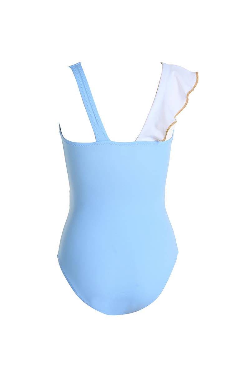 Asymmetric Ruffle Gold Piping and Ring Buckle One-Piece Swimsuit, Alternate, color, Blue