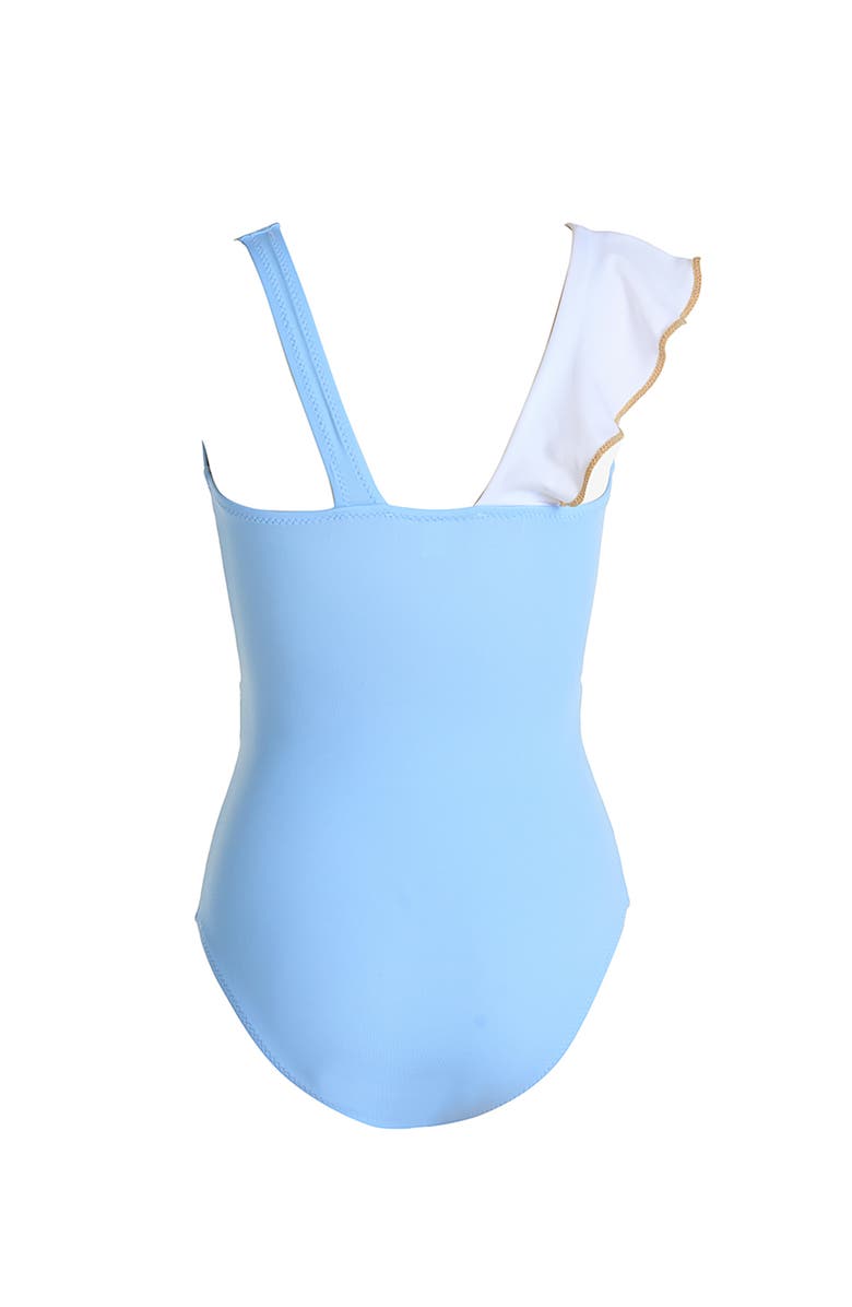 NESSI BYRD Asymmetric Ruffle Gold Piping and Ring Buckle One-Piece Swimsuit, Alternate, color, Blue