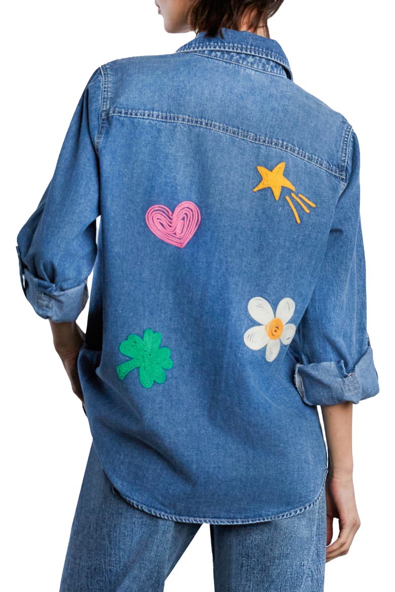 Pocketful of Sunshine Embroidered Denim Graphic Button-Up Shirt, Alternate, color, VINTAGE DENIM