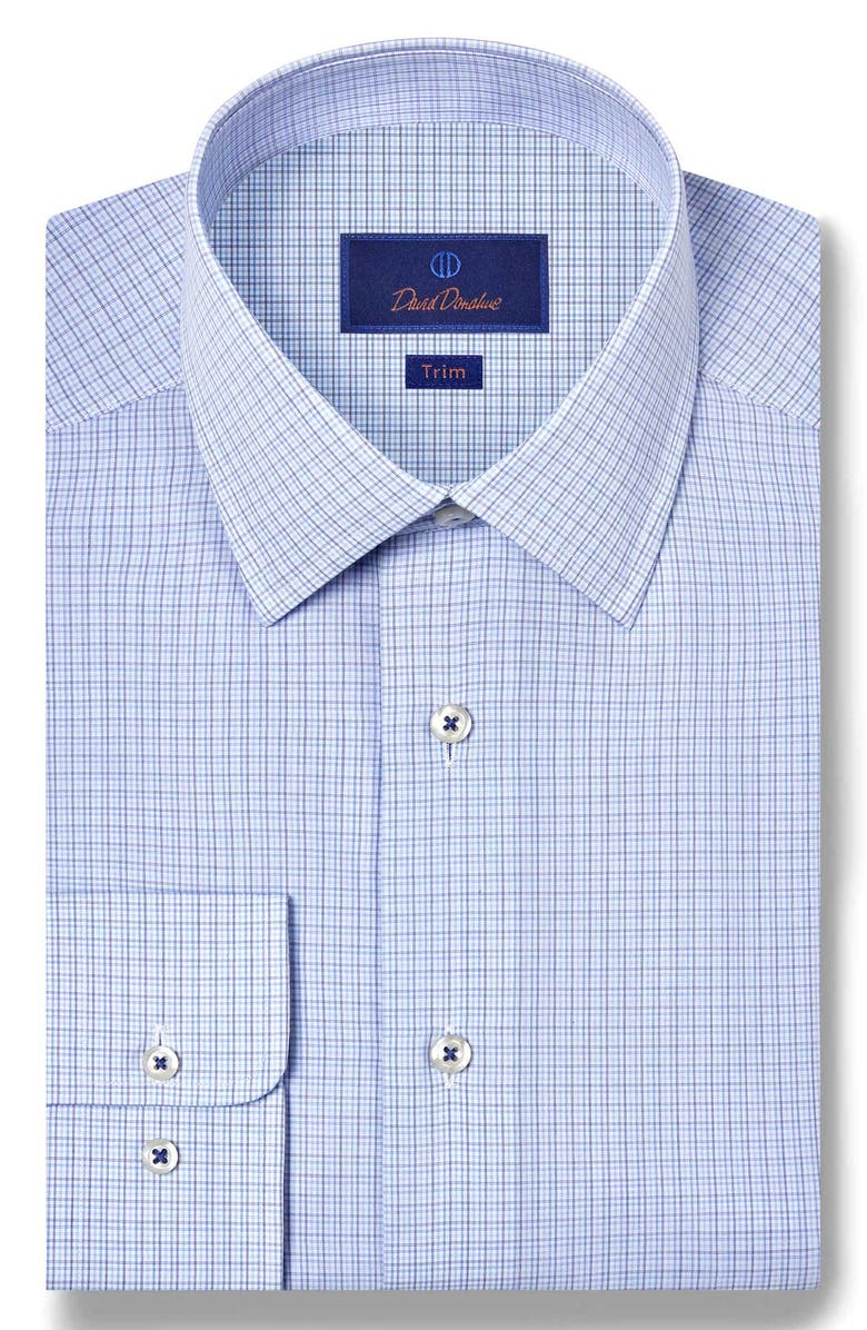 David Donahue Trim Fit Microcheck Cotton Poplin Dress Shirt, Main, color, Blue/ Navy