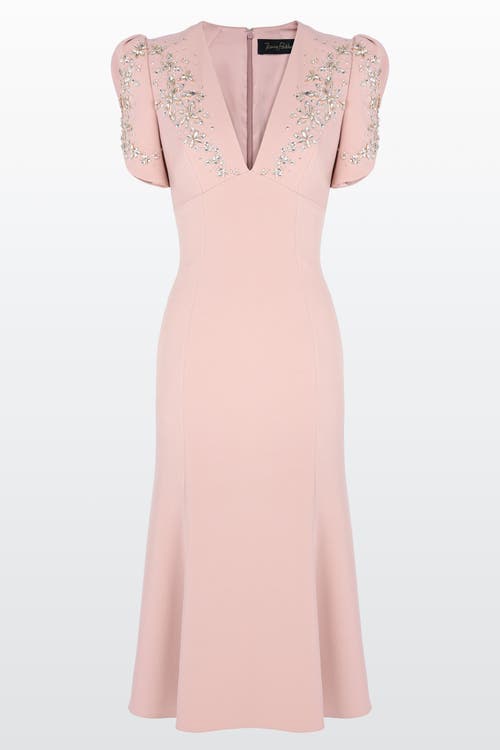 Jenny Packham Crepe Embellished Rose Bud Midi Dress In Pink