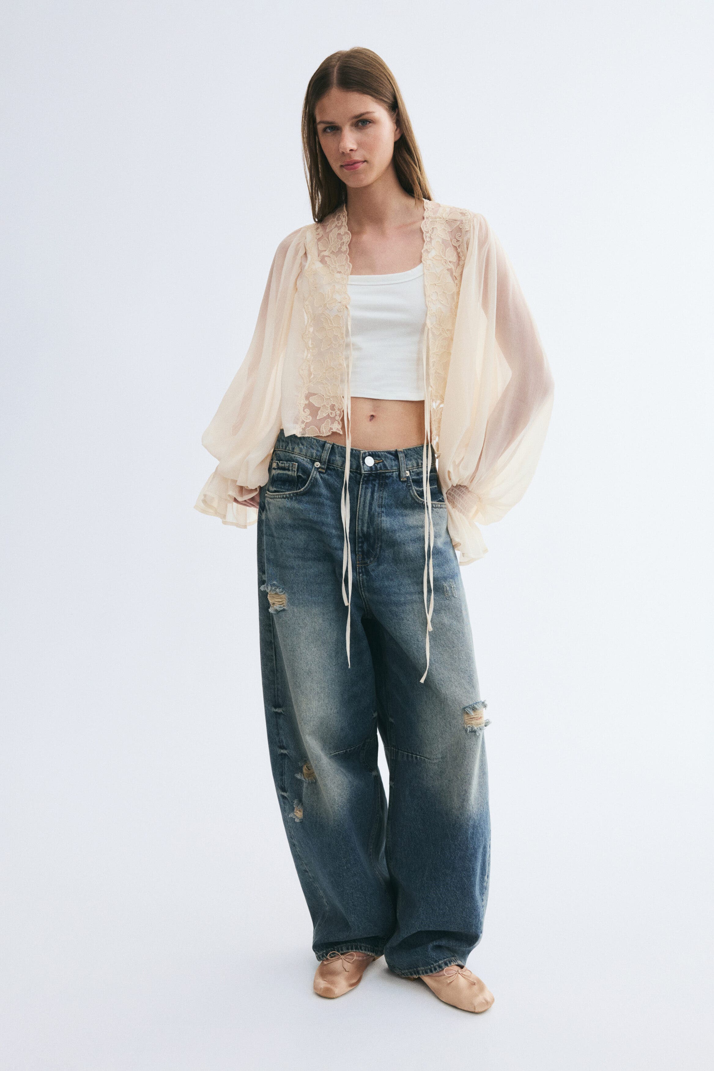H&M Lace-Trimmed Balloon-Sleeved Blouse (Women) | Nordstrom