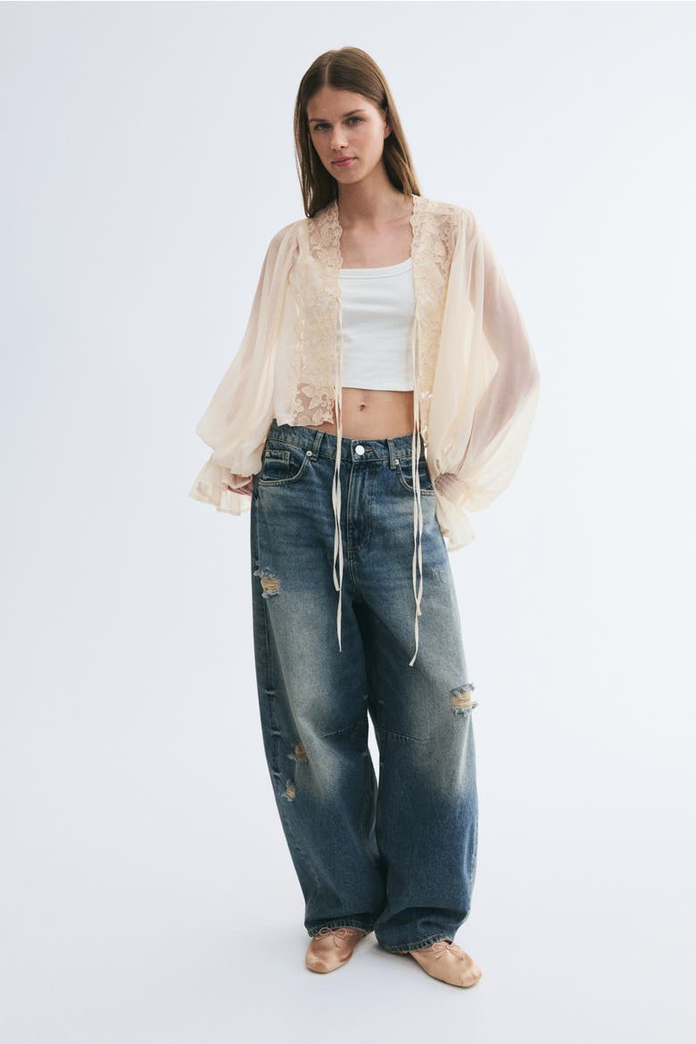 Lace-Trimmed Balloon-Sleeved Blouse, Alternate, color, Pale apricot