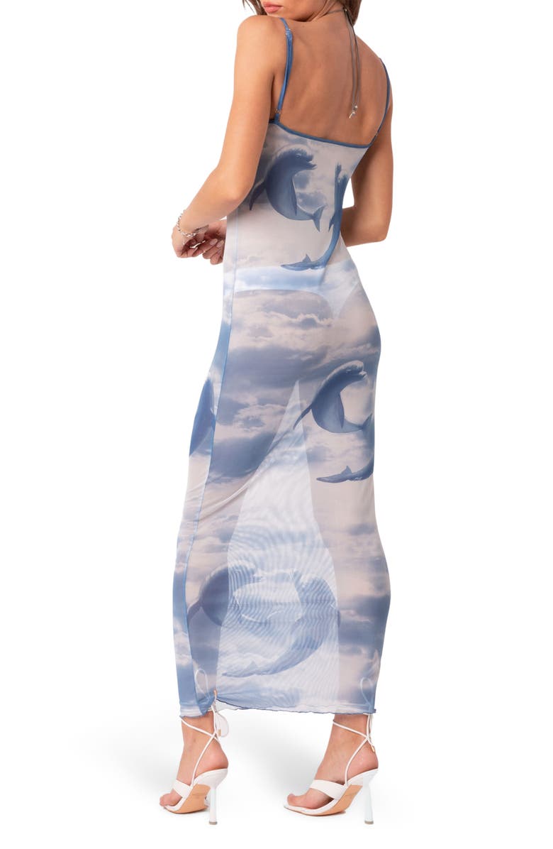 EDIKTED Dolphin Print Sheer Mesh Slipdress, Alternate, color,