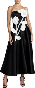 Mac Duggal Strapless Satin A-Line Gown With 3D Floral Appliqué