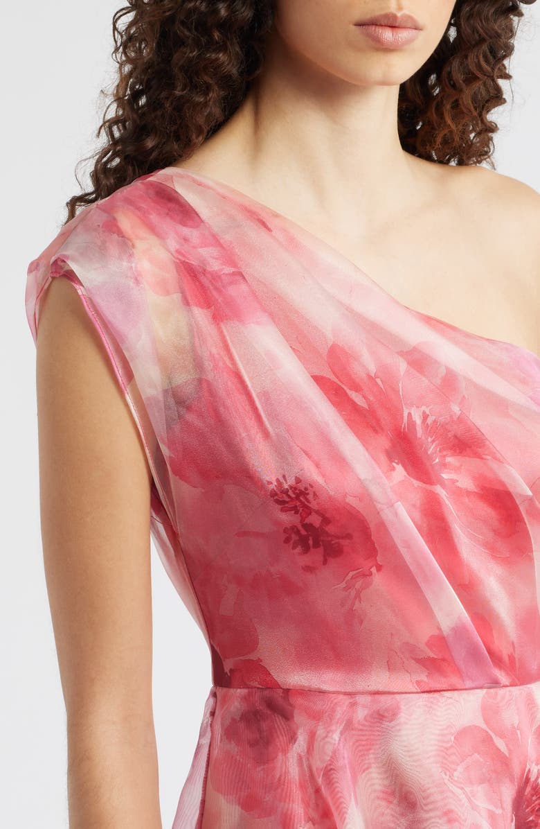 Eliza J One-Shoulder Floral Chiffon Gown, Alternate, color, Poppy