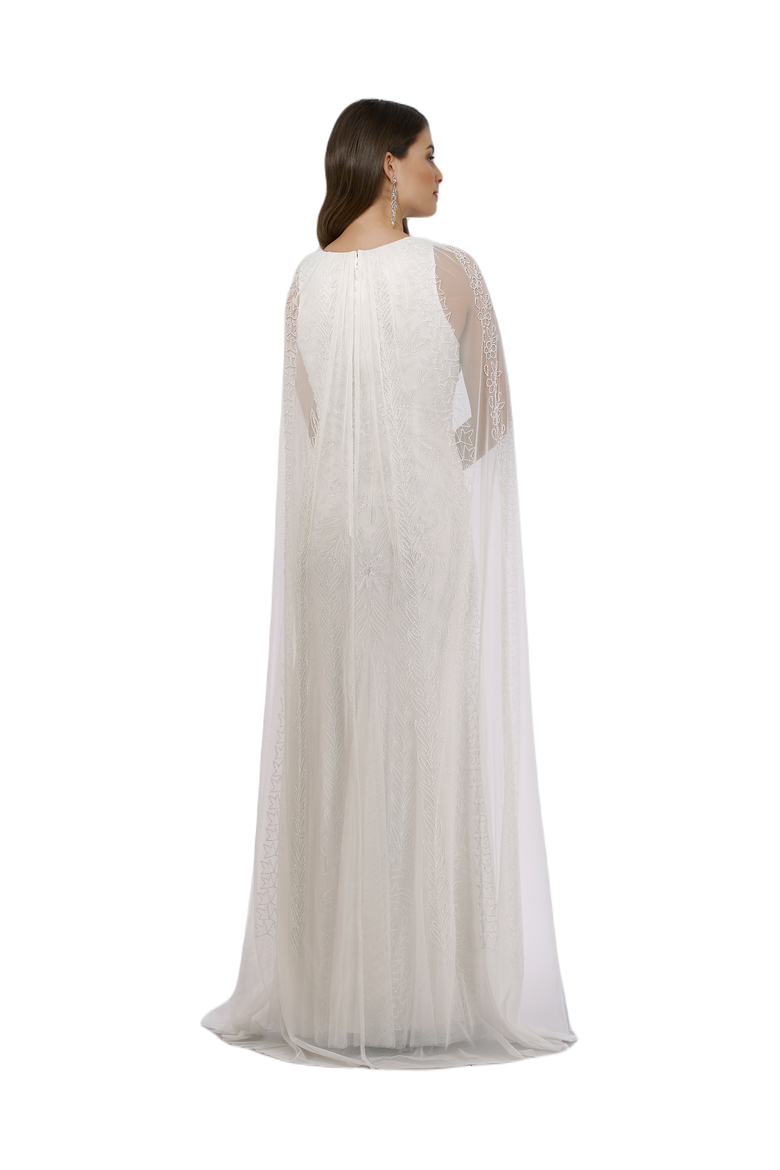 Eve Beaded Cape Sleeve Wedding Dress, Alternate, color, Ivory