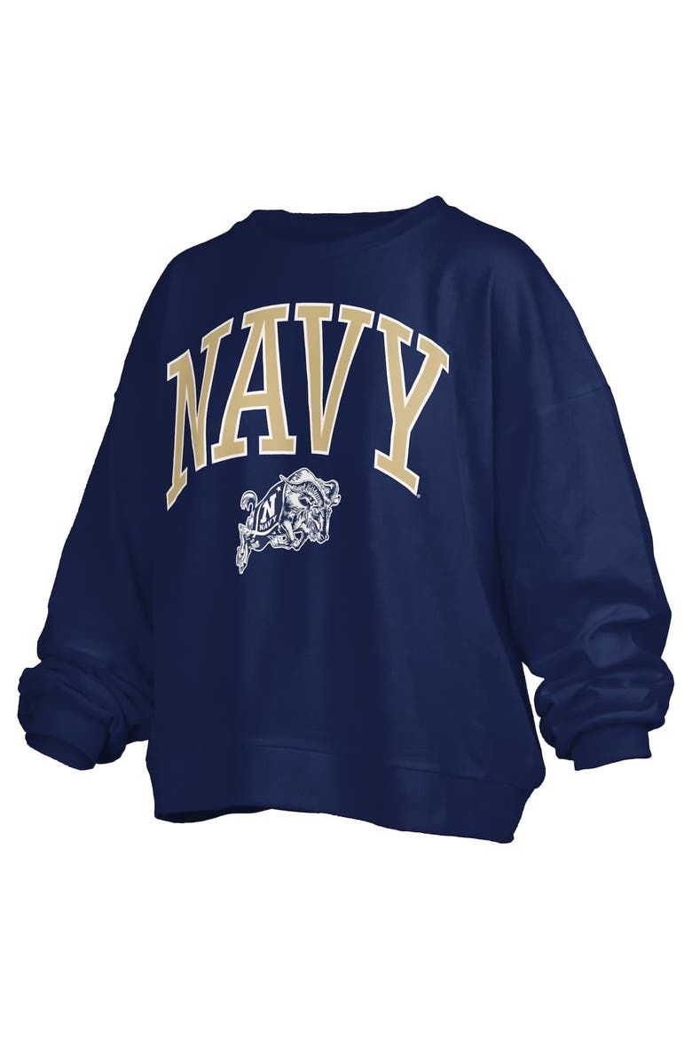 Women's Pressbox Navy Navy Midshipmen Janise Arch Over Logo Waist Length Oversized Pullover Sweatshirt, Alternate, color, Navy