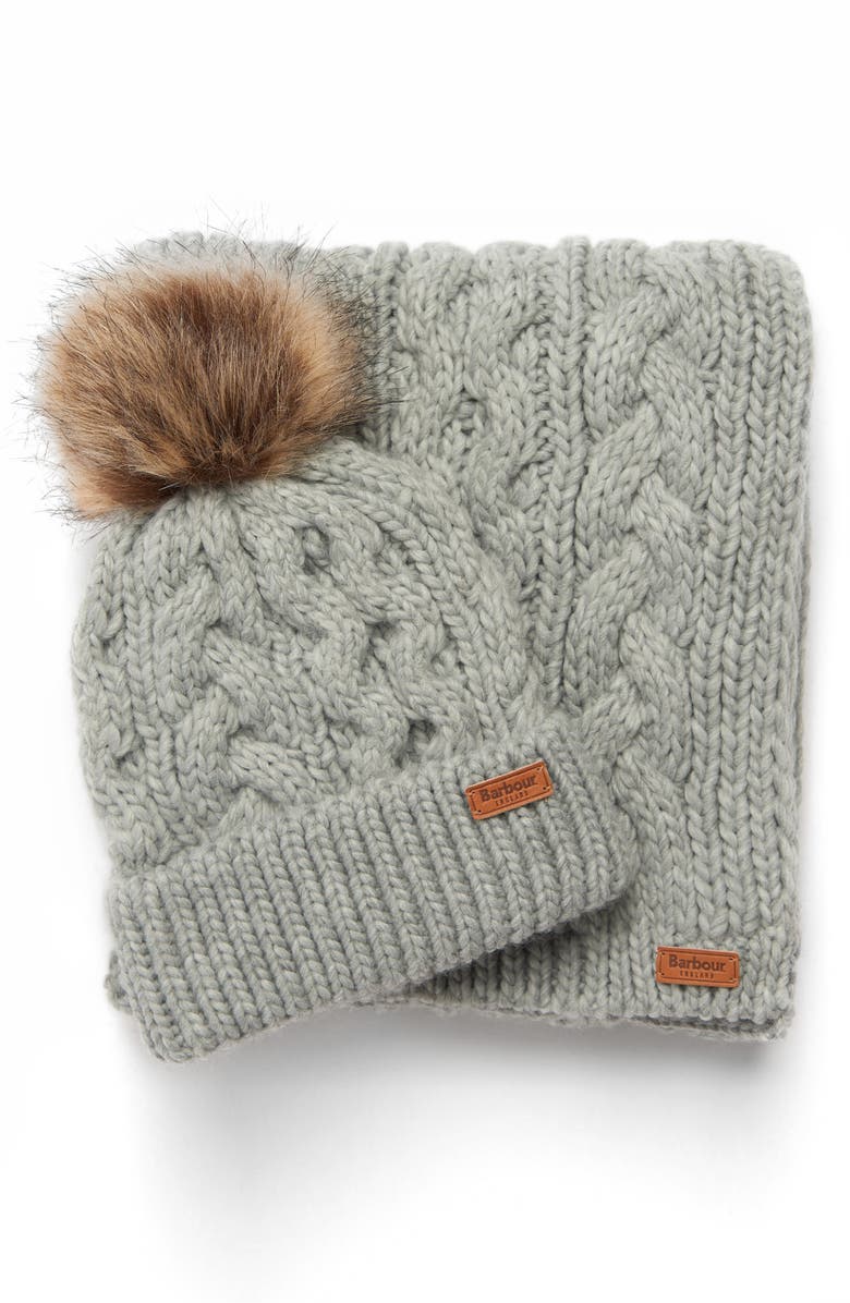 Barbour Penshaw Faux Fur Pompom Beanie & Scarf Set Gift Box, Alternate, color, 