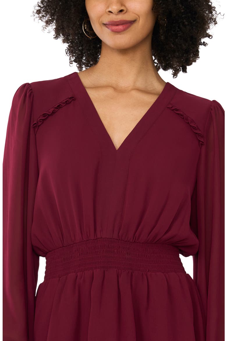 Smocked Waist Long Sleeve Tiered Midi Dress, Alternate, color, CRISP MERLOT