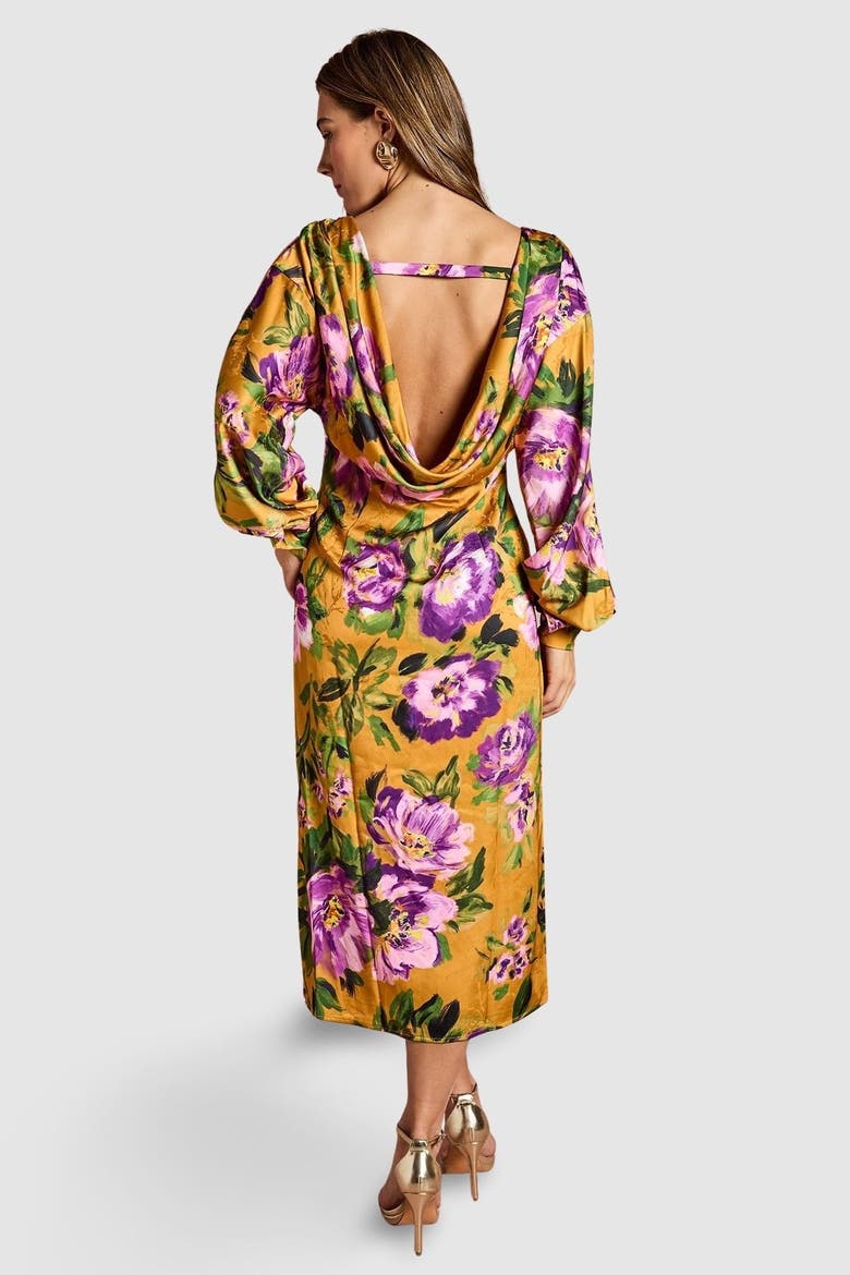 Printed Satin Cowl Back Maxi Dress, Alternate, color, Chartreuse