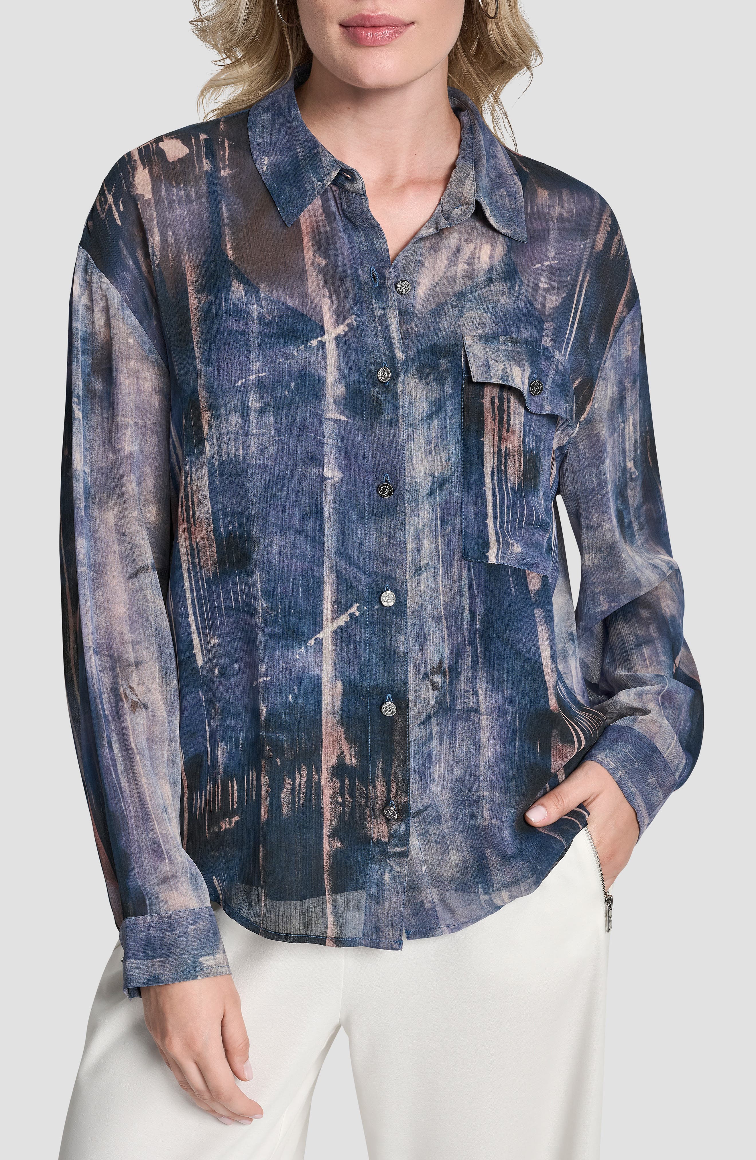 Print Long Sleeve Button-Up Chiffon Shirt