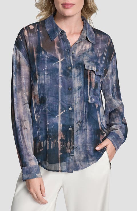 Print Long Sleeve Button-Up Chiffon Shirt