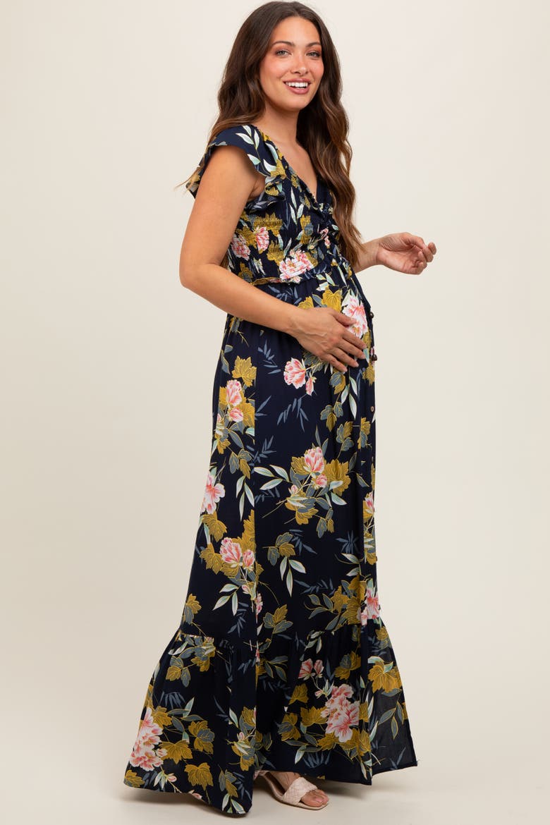 Floral Smocked Cinched Top Maxi Dress, Alternate, color, Navy Blue
