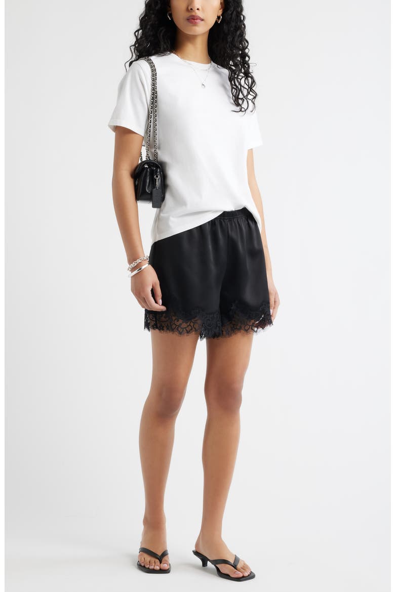Lace Trim Satin Shorts, Alternate, color, BLACK