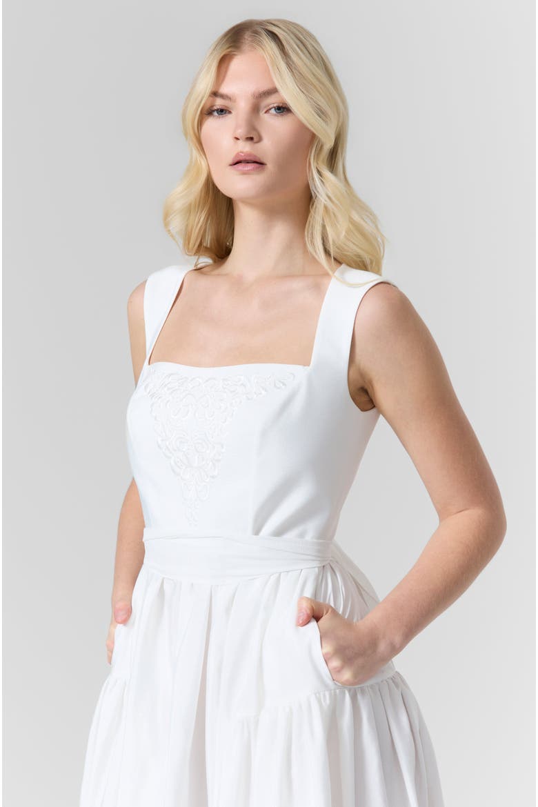 Belted Taffeta Embroidered Midi Dress, Alternate, color, White