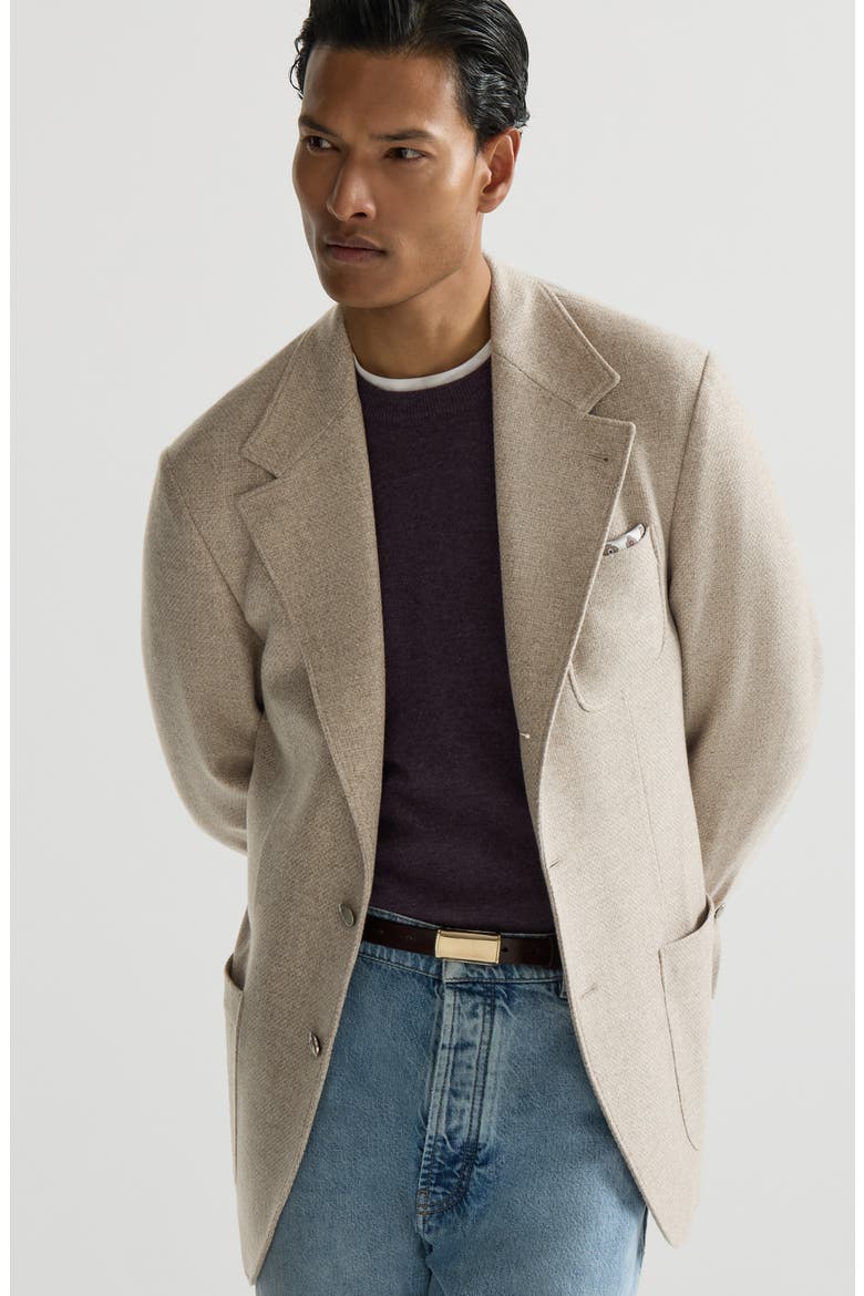 Cashmere Panama deconstructed blazer with patch pockets and metal buttons, Alternate, color, Sand
