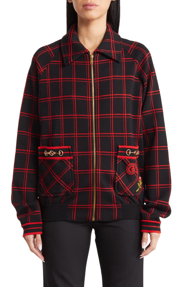 Gucci Jacquard Plaid Wool Bomber Jacket, Main, color, Black Red
