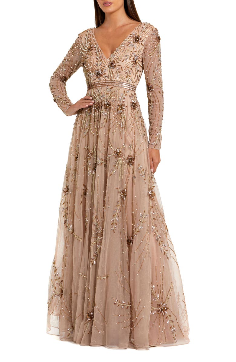 Mac Duggal Deep V Embellished Low Back Gown, Main, color, Antique Rose