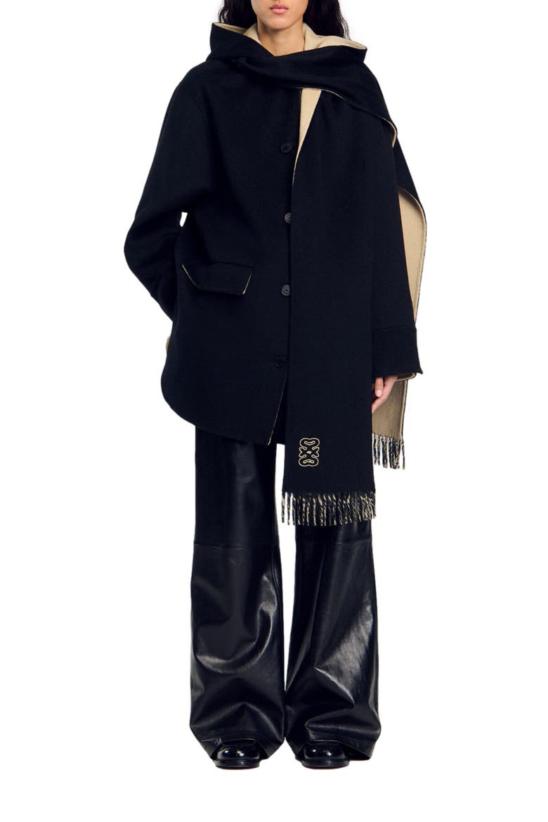 Wool coat with scarf, Alternate, color, Black