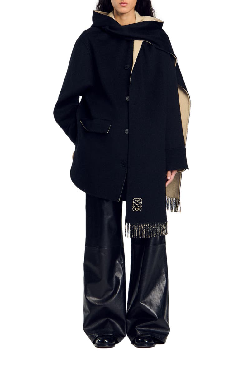 SANDRO Wool coat with scarf, Alternate, color, 