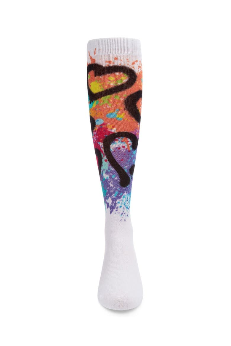 Graffiti Star Knee-High Socks, Alternate, color, White