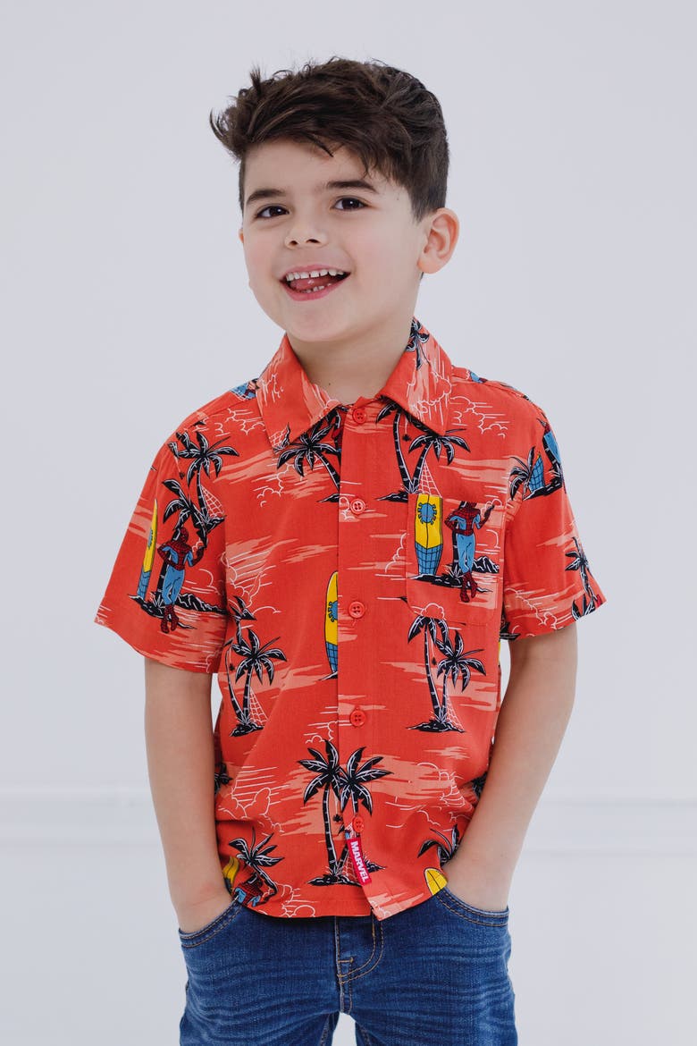 Spider-Man Button Front Hawaiian Shirt, Alternate, color, Spider Man Apricot