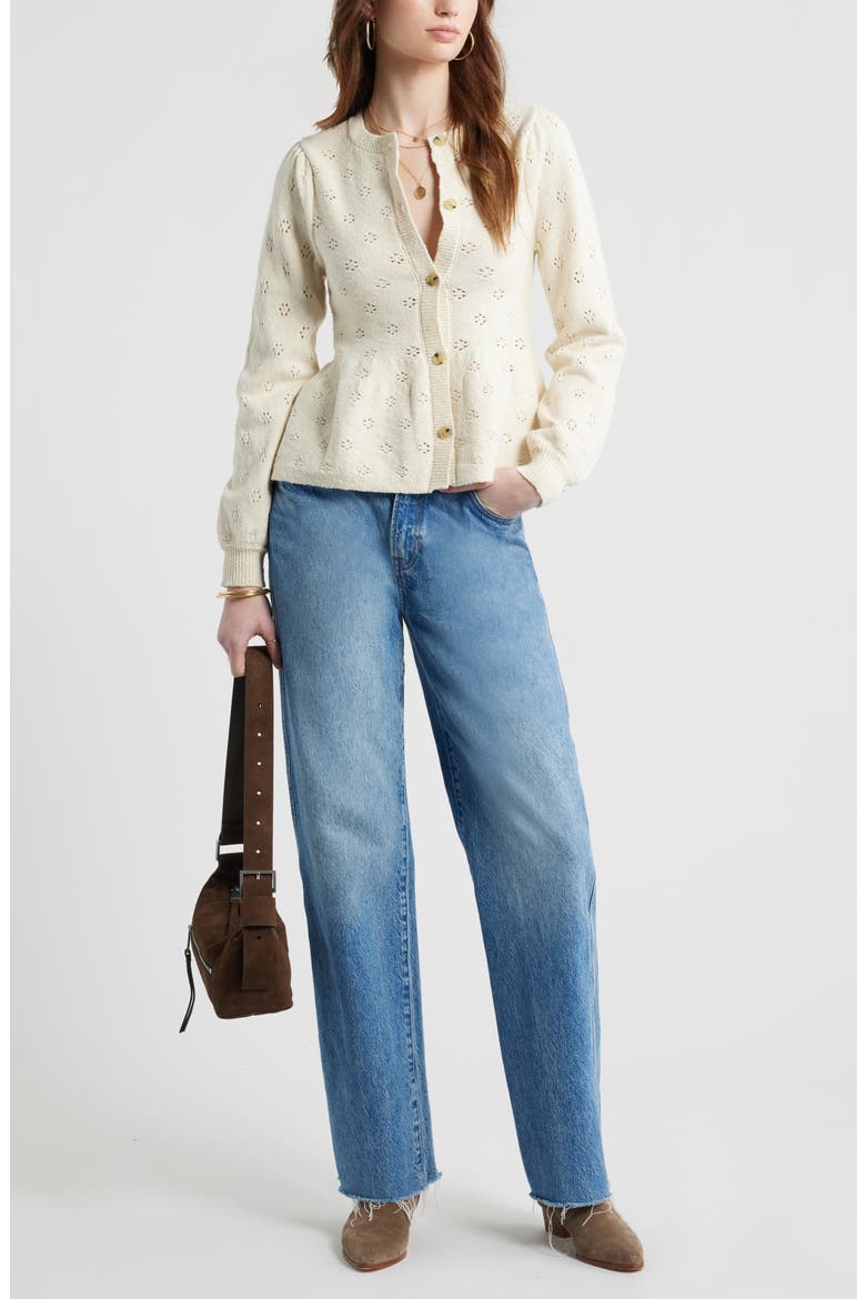 Pointelle Peplum Cardigan, Alternate, color, IVORY DOVE