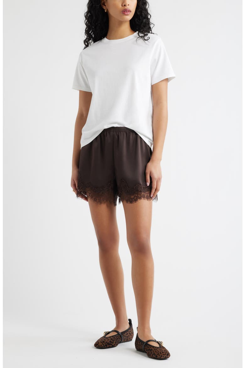 Lace Trim Satin Shorts, Alternate, color, BROWN SEAL