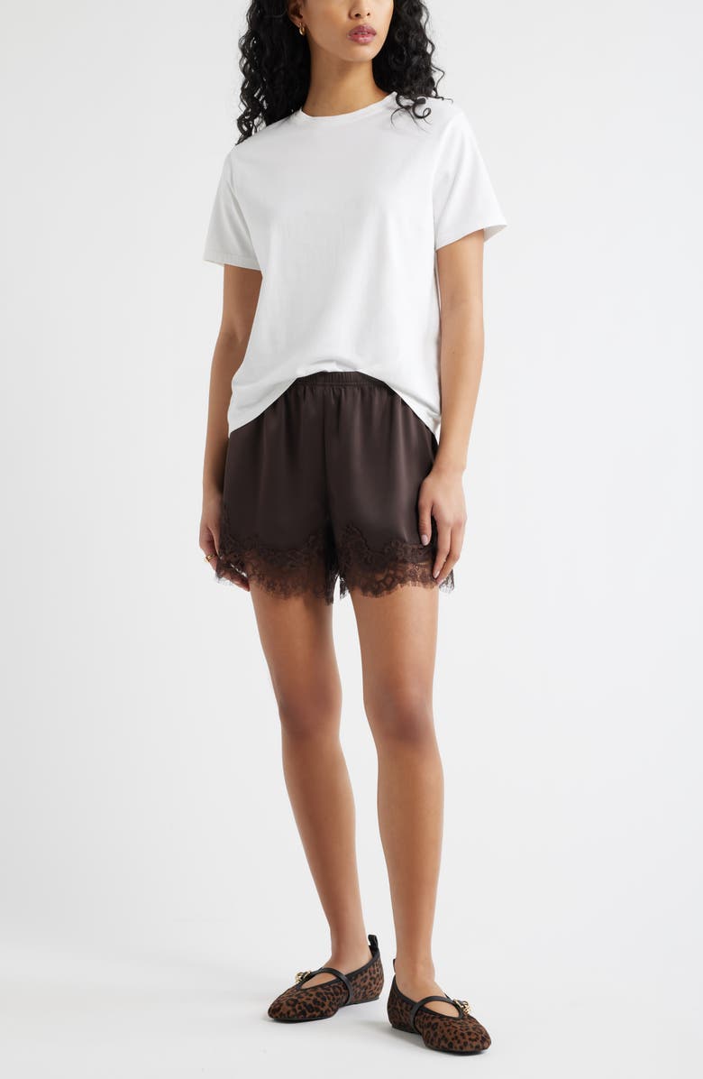 Open Edit Lace Trim Satin Shorts, Alternate, color, Brown Seal