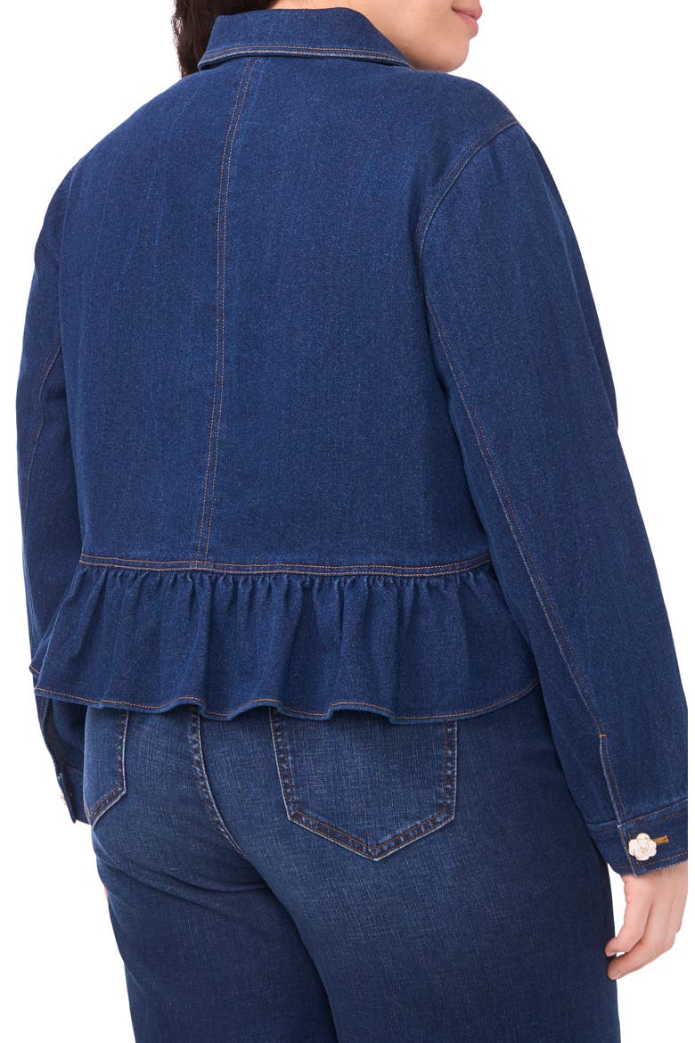 Floral Button Peplum Denim Jacket, Alternate, color, MID INDIGO