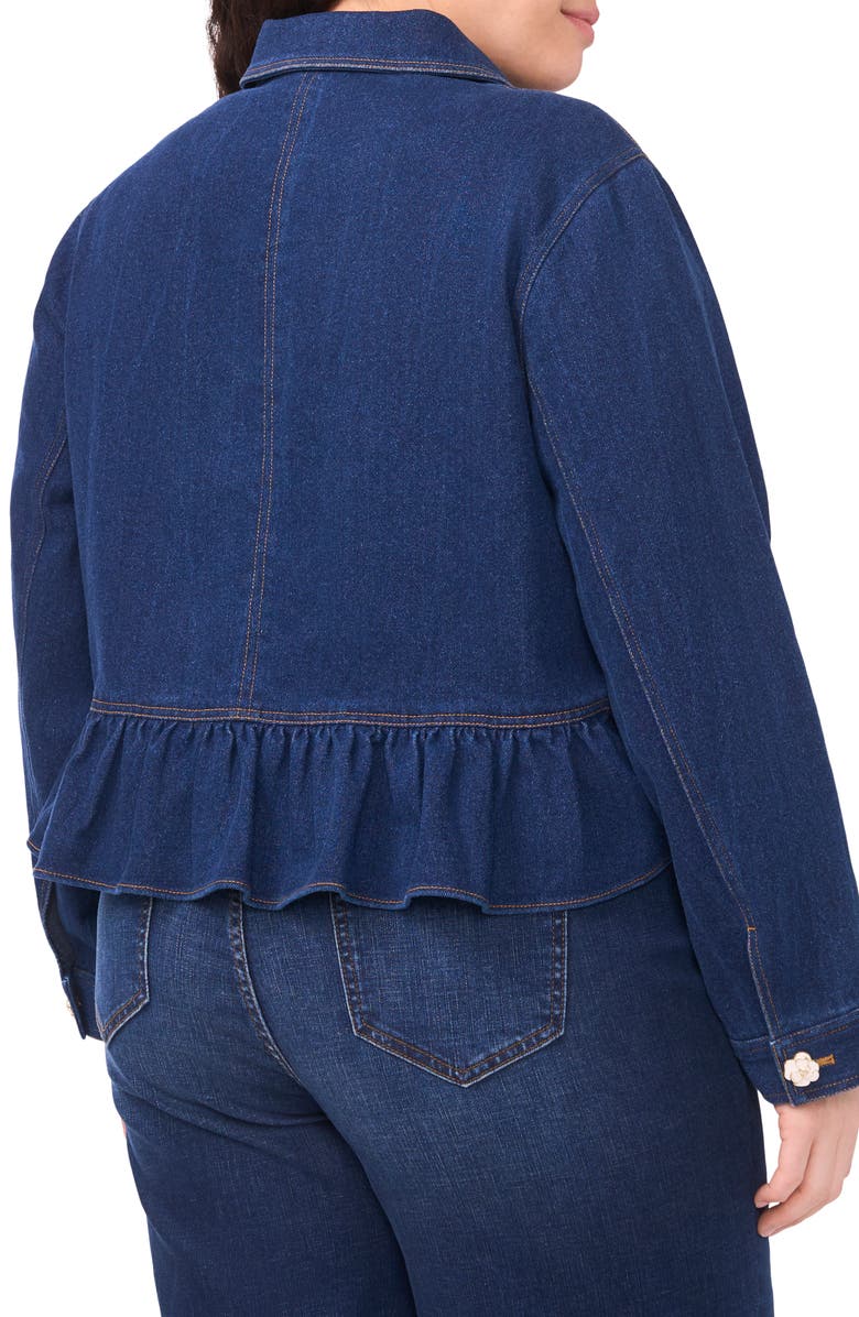 CeCe Floral Button Peplum Denim Jacket, Alternate, color, Mid Indigo