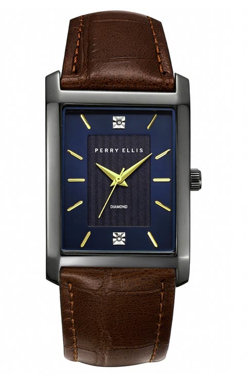 Diamond Ultra Thin Faux Leather Strap Watch, 41mm