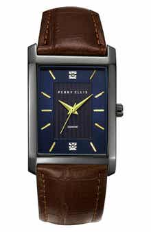 Perry Ellis Diamond Ultra Thin Faux Leather Strap Watch, 41mm