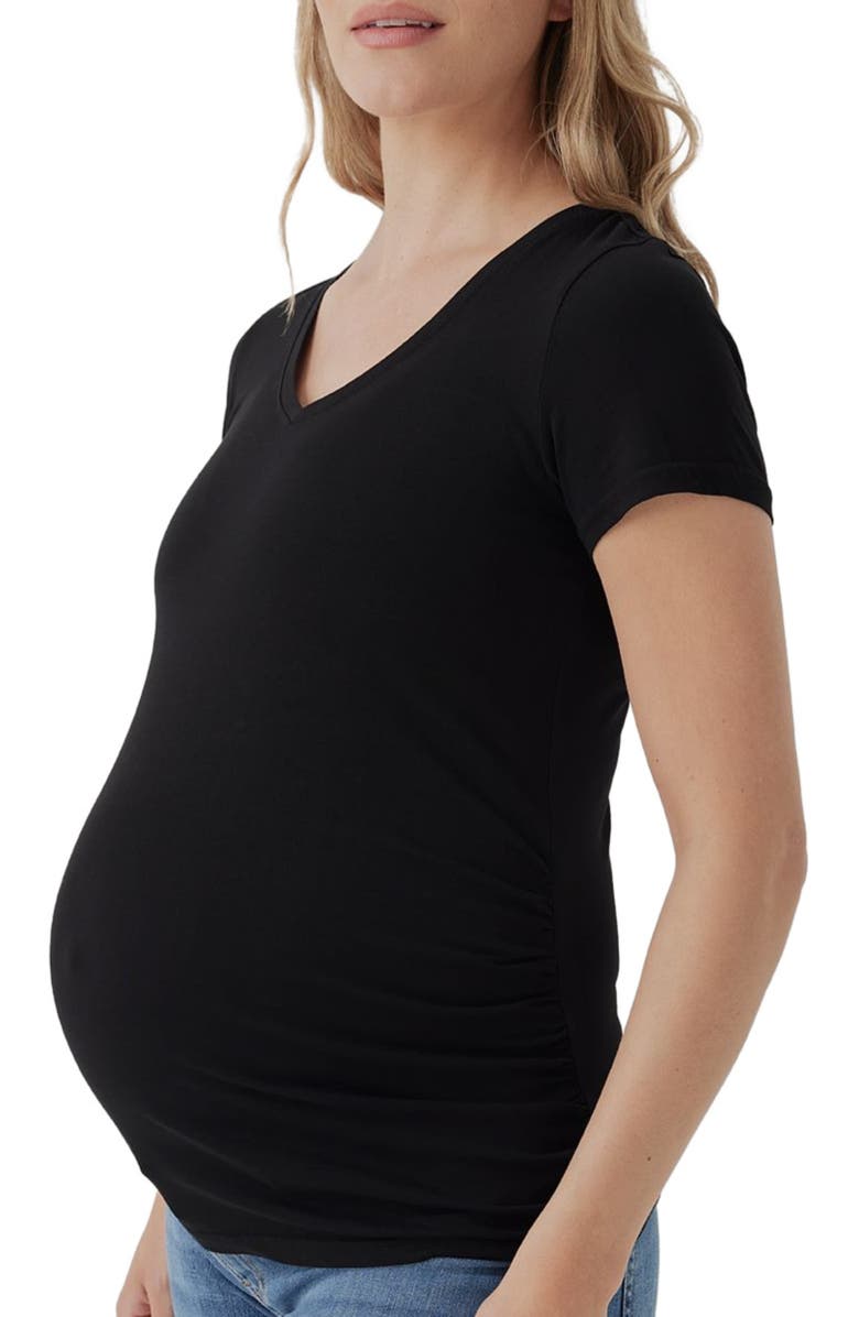 Pact Organic Maternity Ruched V-Neck Tee, Alternate, color, Black