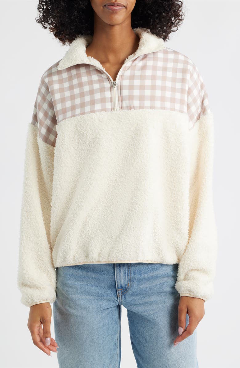 HAPPY CAMP3R Gingham Aria Colorblock Quarter Zip Pullover, Main, color, Cream