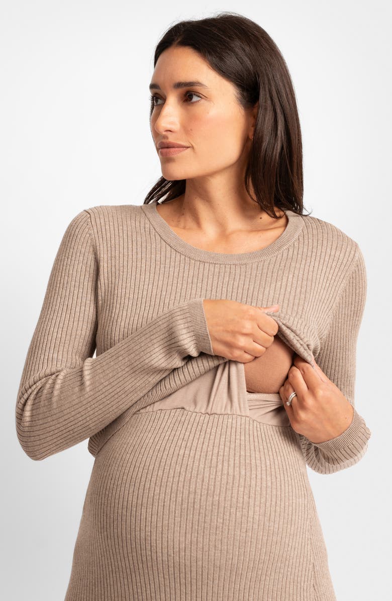 Seraphine Layered Rib Long Sleeve Maternity/Nursing Sweater Dress, Alternate, color, Open White