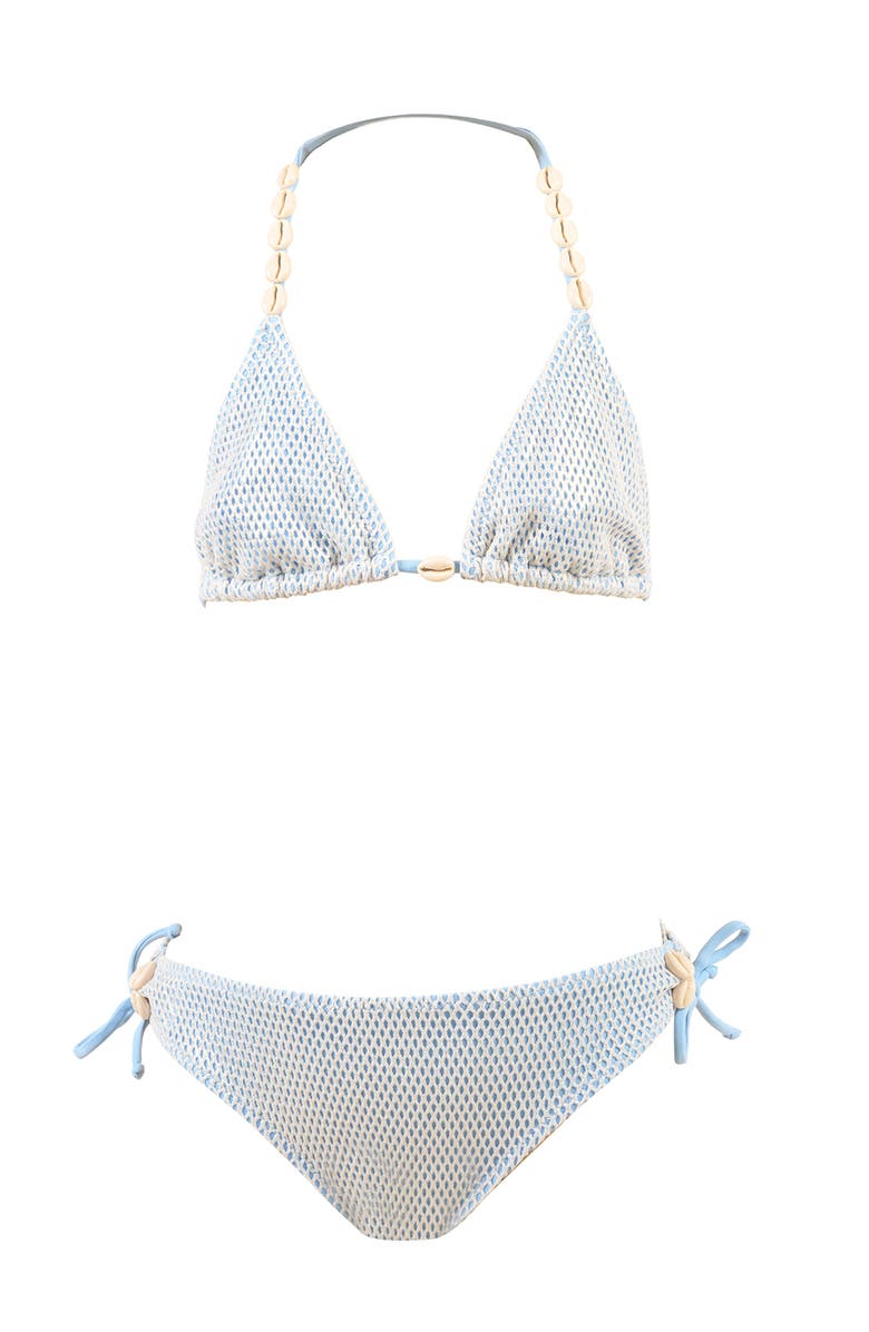 NESSI BYRD Triangle Mesh Pattern Shell-Adorned Halter Two-Piece Bikini, Main, color, Blue